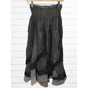 Luiselle Italian Linen Women's OS Lagenlook Maxi Skirt Black Patchwork Layer New